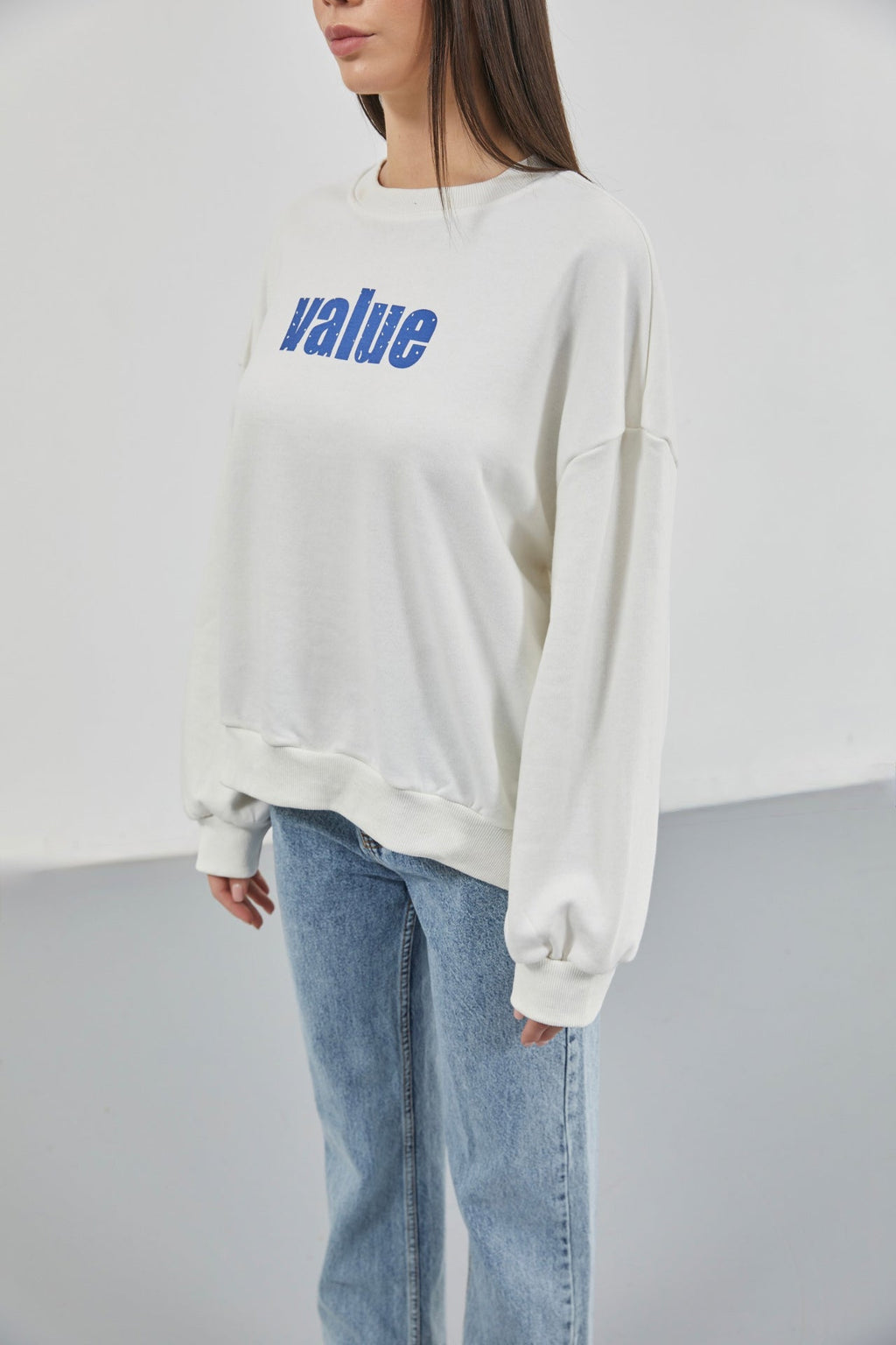 Baskılı Sıfır Yaka Oversize Ekru Sweatshirt