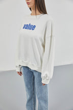 Baskılı Sıfır Yaka Oversize Ekru Sweatshirt