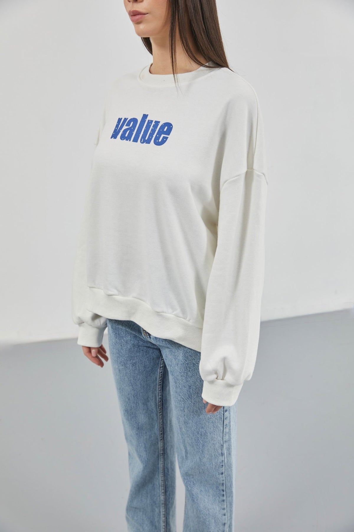 Baskılı Sıfır Yaka Oversize Ekru Sweatshirt