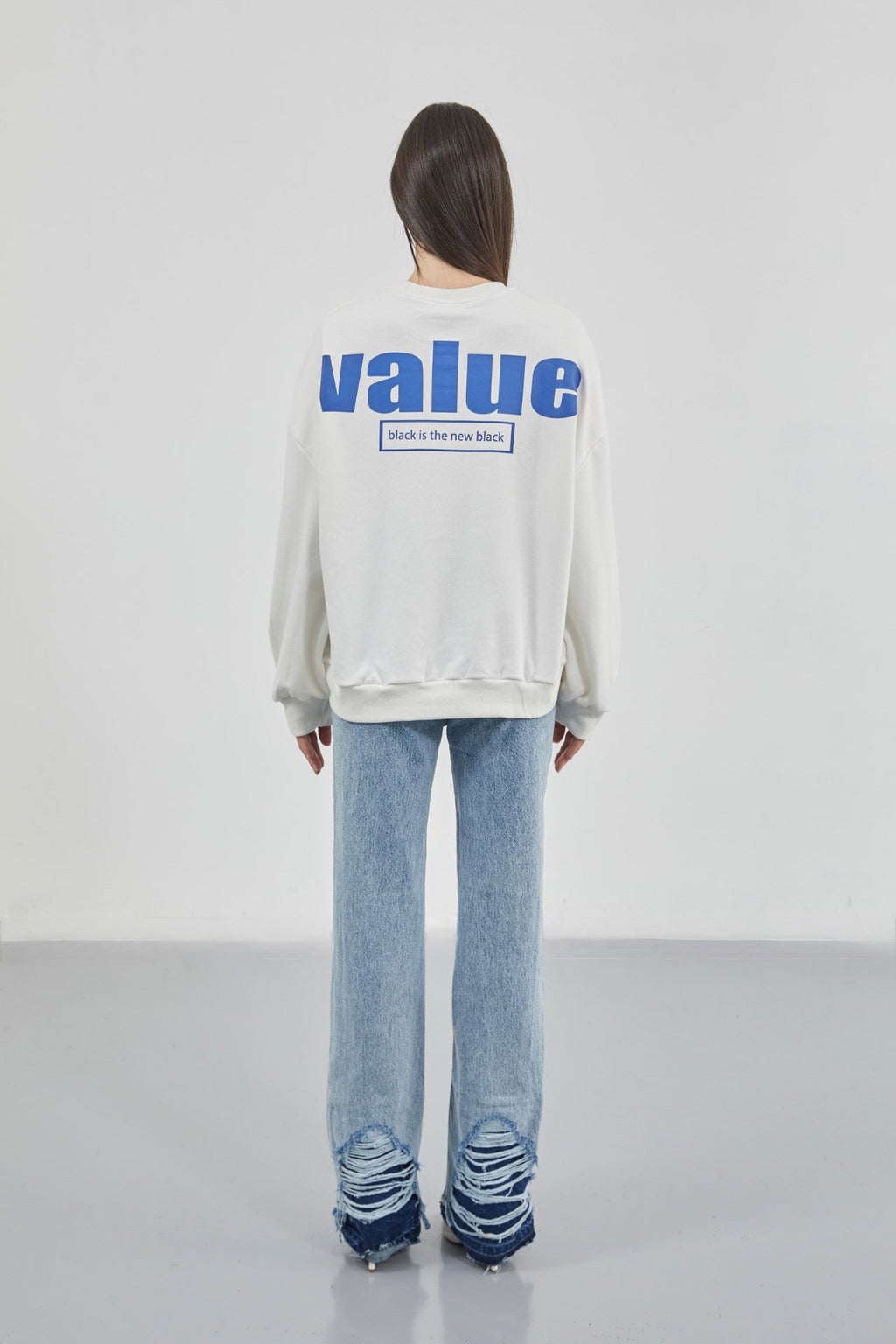 Baskılı Sıfır Yaka Oversize Ekru Sweatshirt