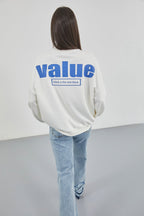 Baskılı Sıfır Yaka Oversize Ekru Sweatshirt