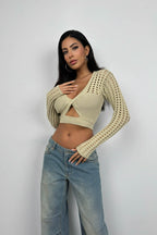 Ajurlu Bej Triko Crop Bluz