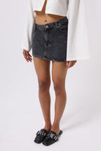Asimetrik Bel Denim Mini Siyah Etek
