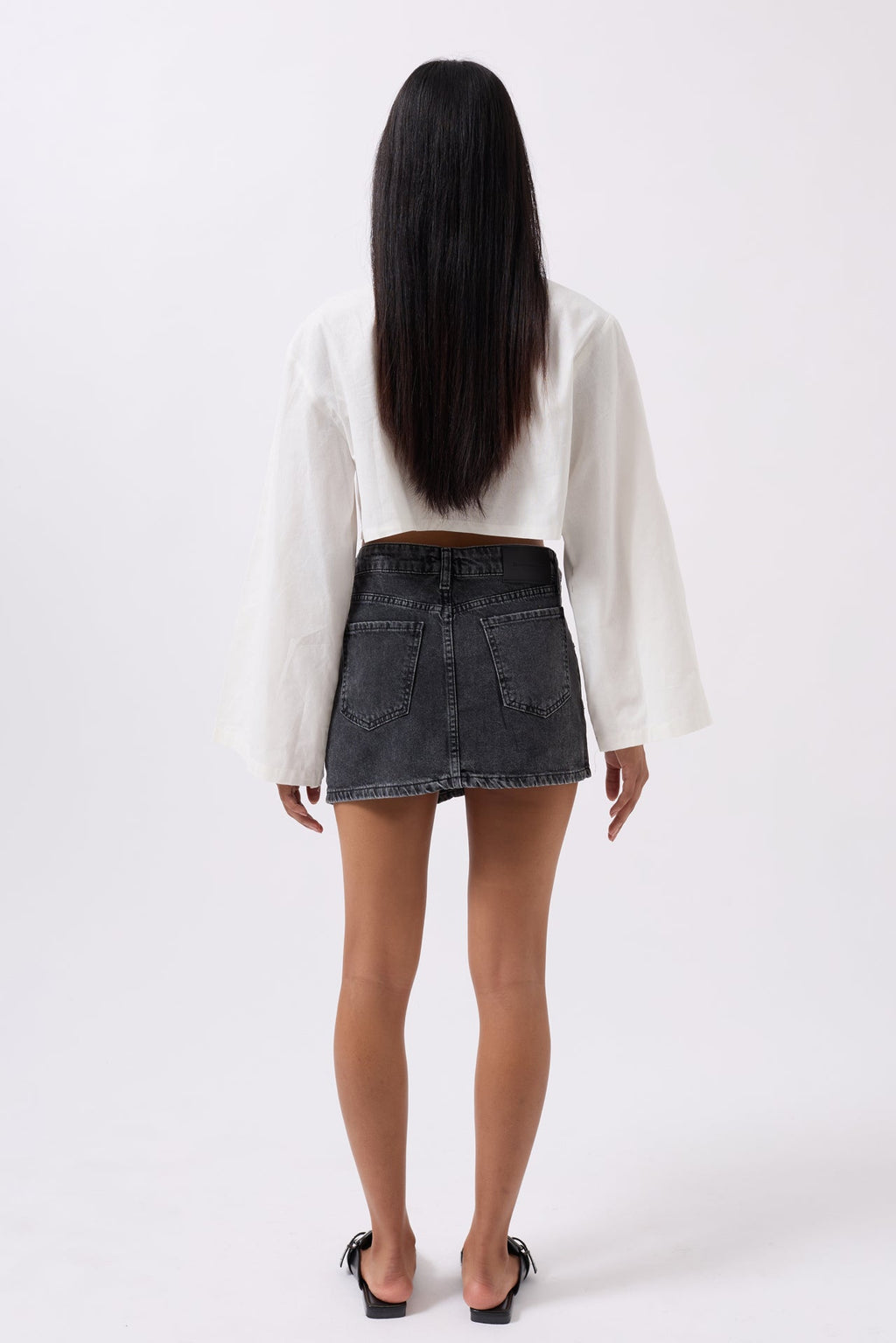 Asimetrik Bel Denim Mini Siyah Etek