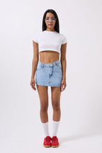 Asimetrik Bel Denim Mini Mavi Etek