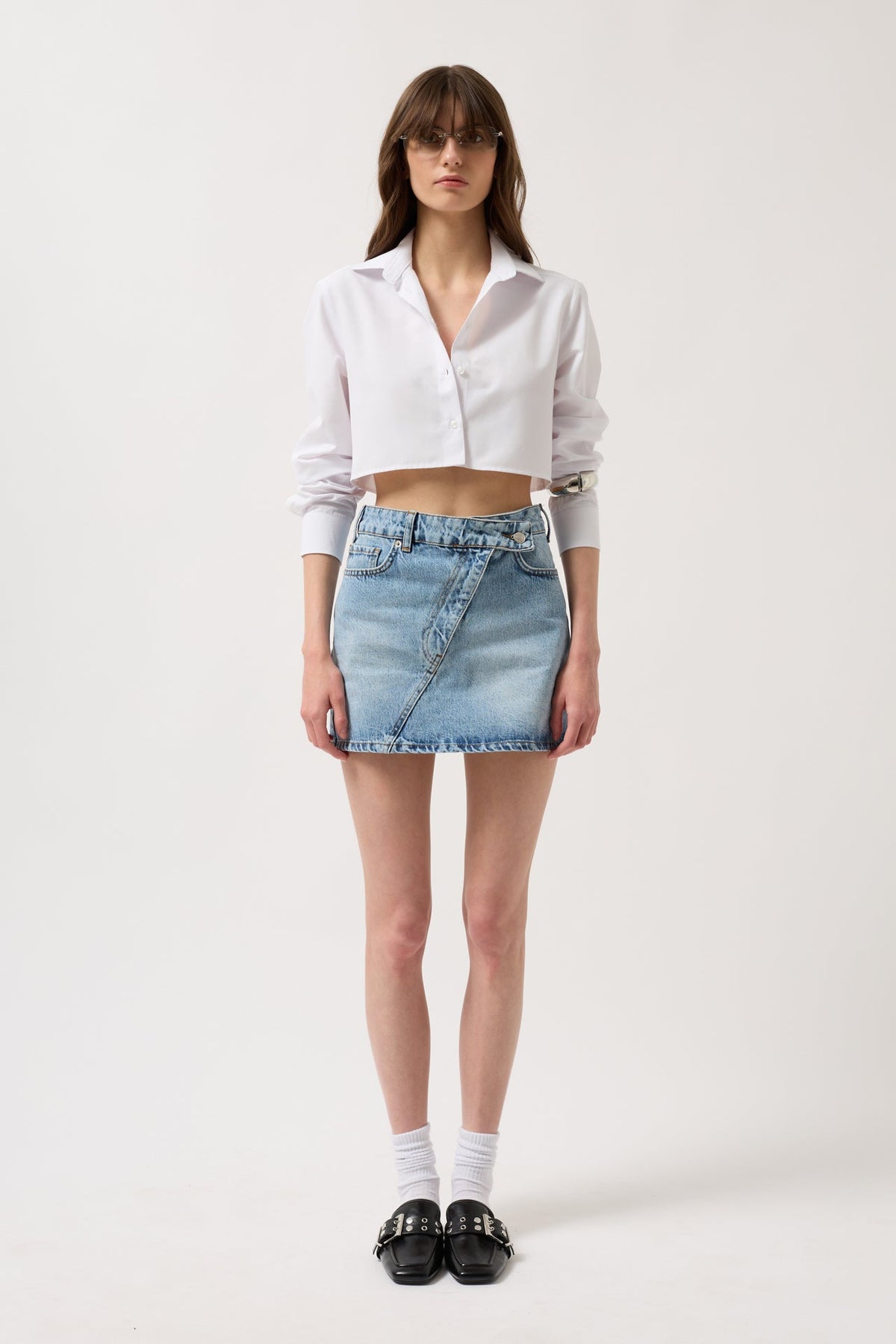 Asimetrik Kemer Denim Mini Mavi Etek