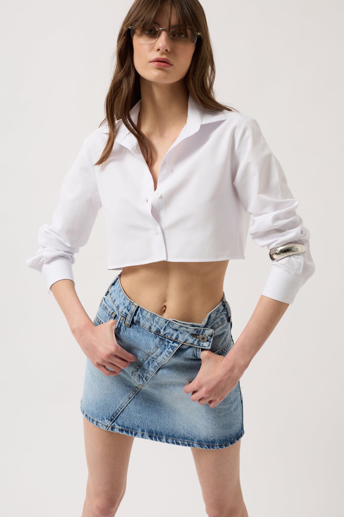 Asimetrik Kemer Denim Mini Mavi Etek