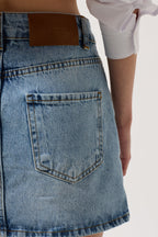 Asimetrik Kemer Denim Mini Mavi Etek