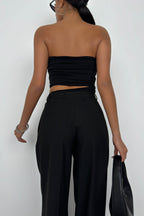 Asimetrik Straplez Siyah Crop