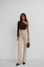 Asimetrik Tek Omuz Kahverengi Crop Top