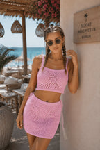 Askılı Örgü Desen Crop Bluz Mini Etek Pembe İkili Takım