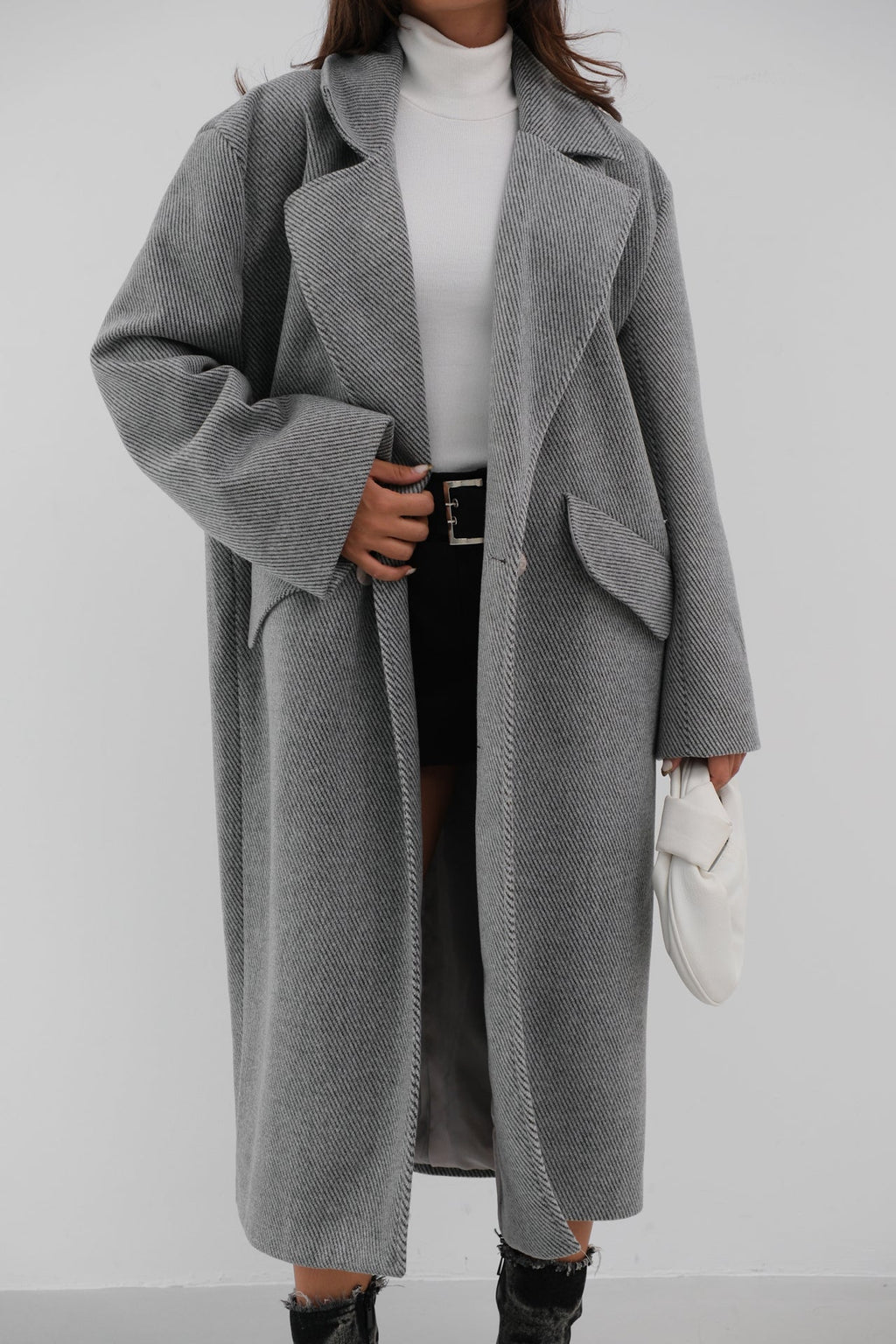 Balıksırtı Gri Oversize Kaban