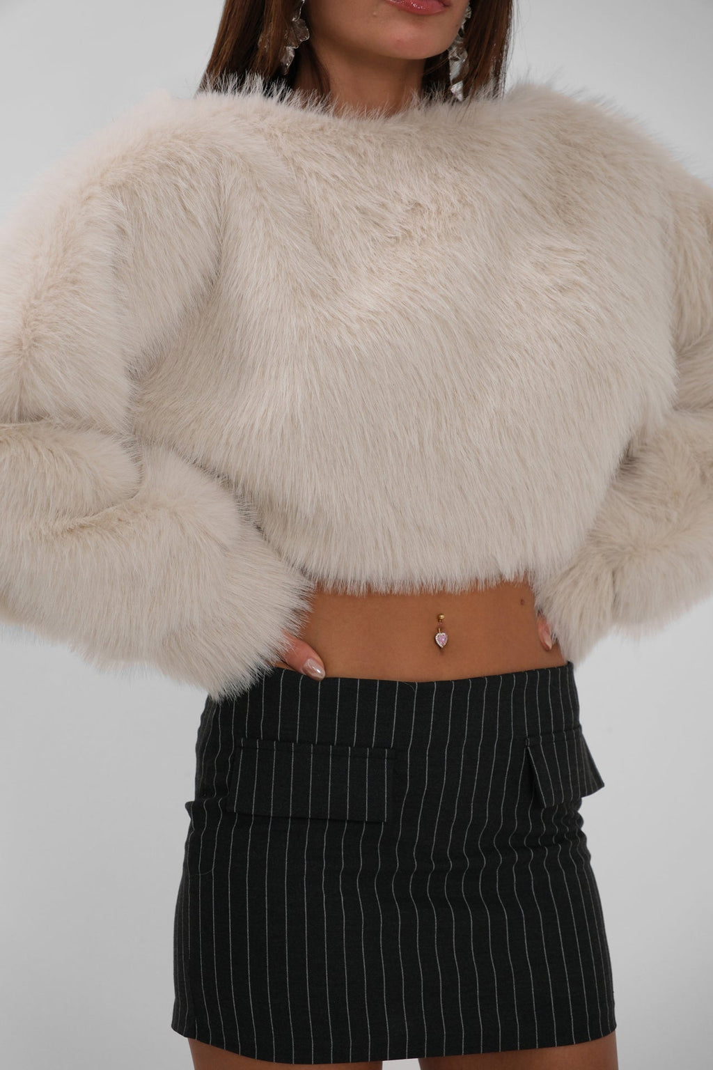 Balon Kol Peluş Bej Sweatshirt