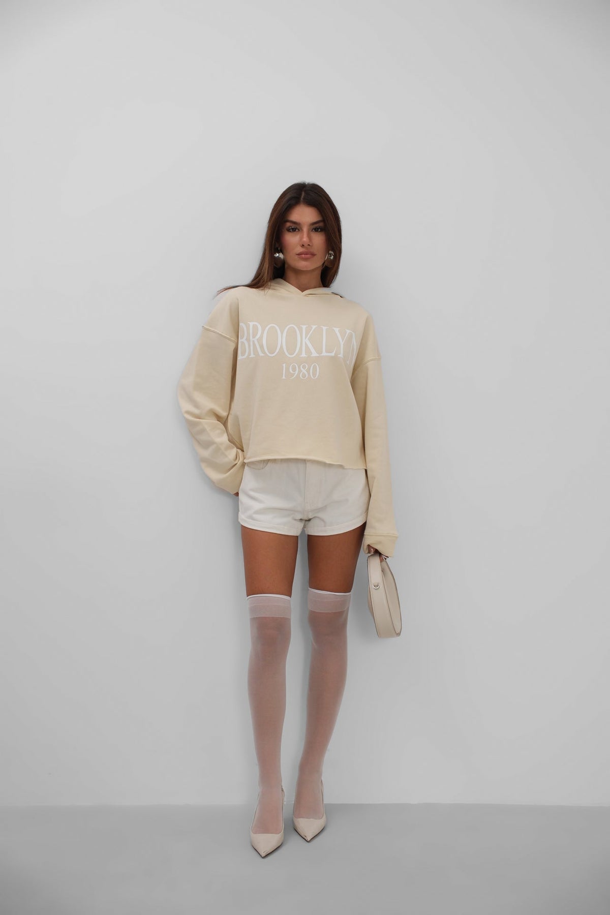 Baskılı Kapşonlü Bej Sweatshirt