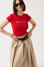 Delete My Ex Baskılı Likralı Crop Kırmızı T-Shirt