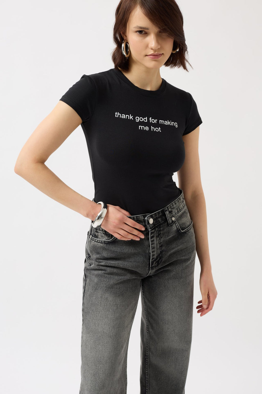 Thanks God Baskılı Likralı Crop Siyah T-Shirt