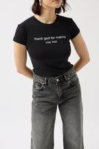 Thanks God Baskılı Likralı Crop Siyah T-Shirt