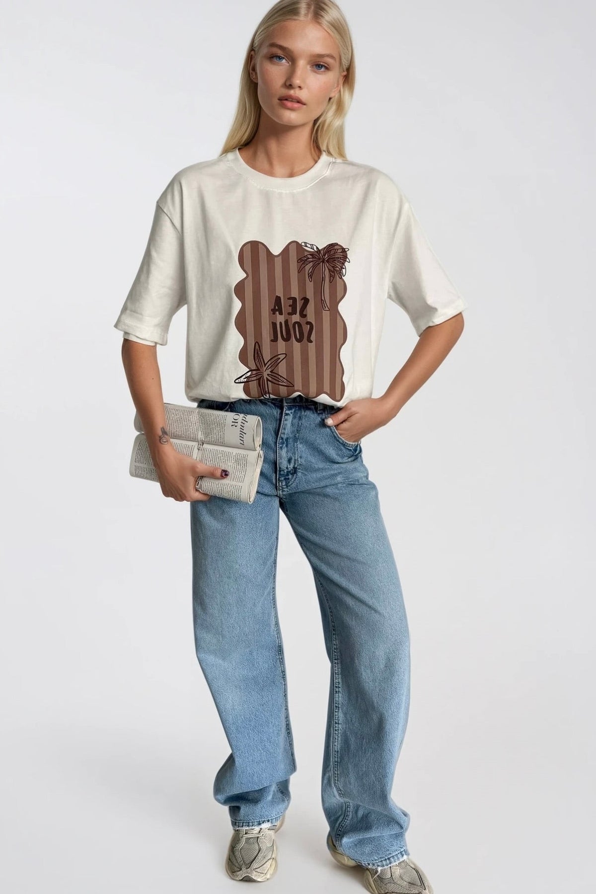 Sea Soul Baskılı Oversize Beyaz T-Shirt