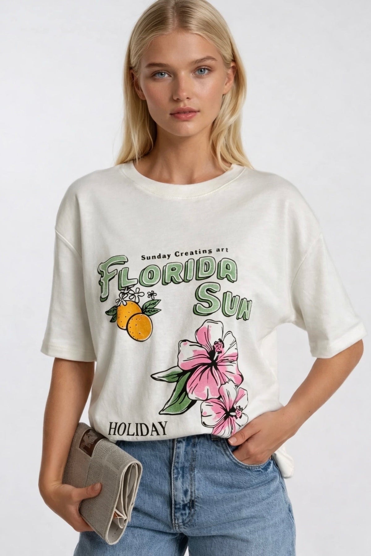 Florida Baskılı Oversize Beyaz T-Shirt