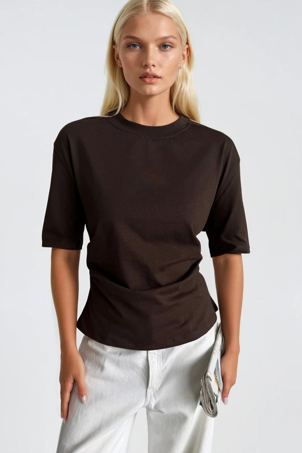 Bel Büzgülü Basic Kahverengi T-Shirt