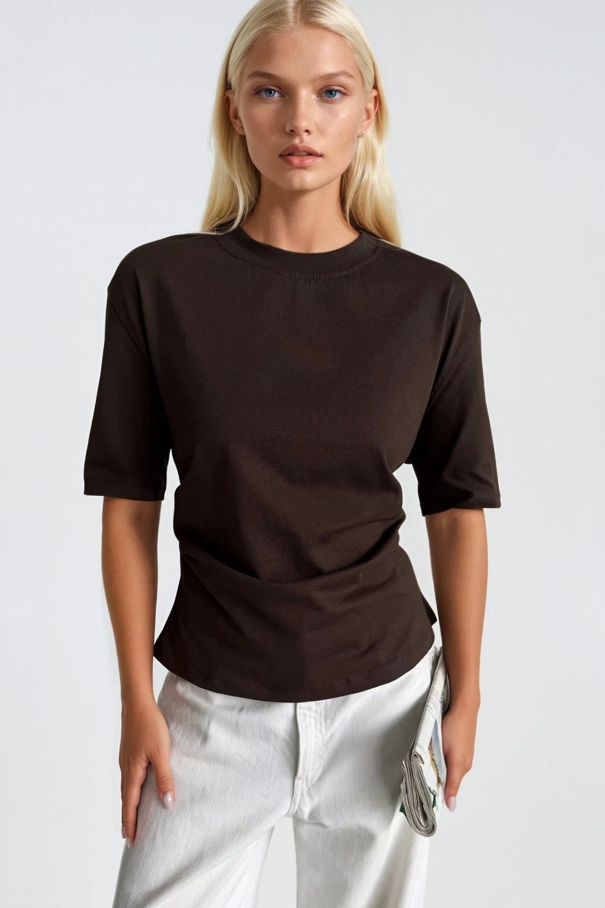 Bel Büzgülü Basic Kahverengi T-Shirt