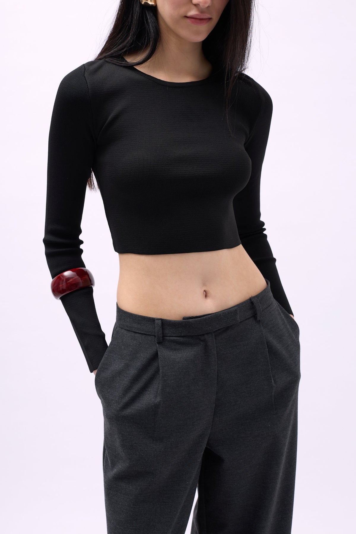 Bisiklet Yaka Dokulu Siyah Crop