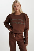 Bisiklet Yaka Kabartma Baskılı Kahverengi Sweatshirt