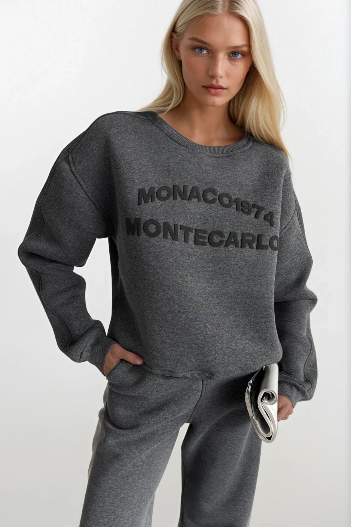 Bisiklet Yaka Kabartma Baskılı Antrasit Sweatshirt