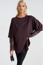 Bisiklet Yaka Kol Dantel Detay Kahverengi Oversize T-Shirt