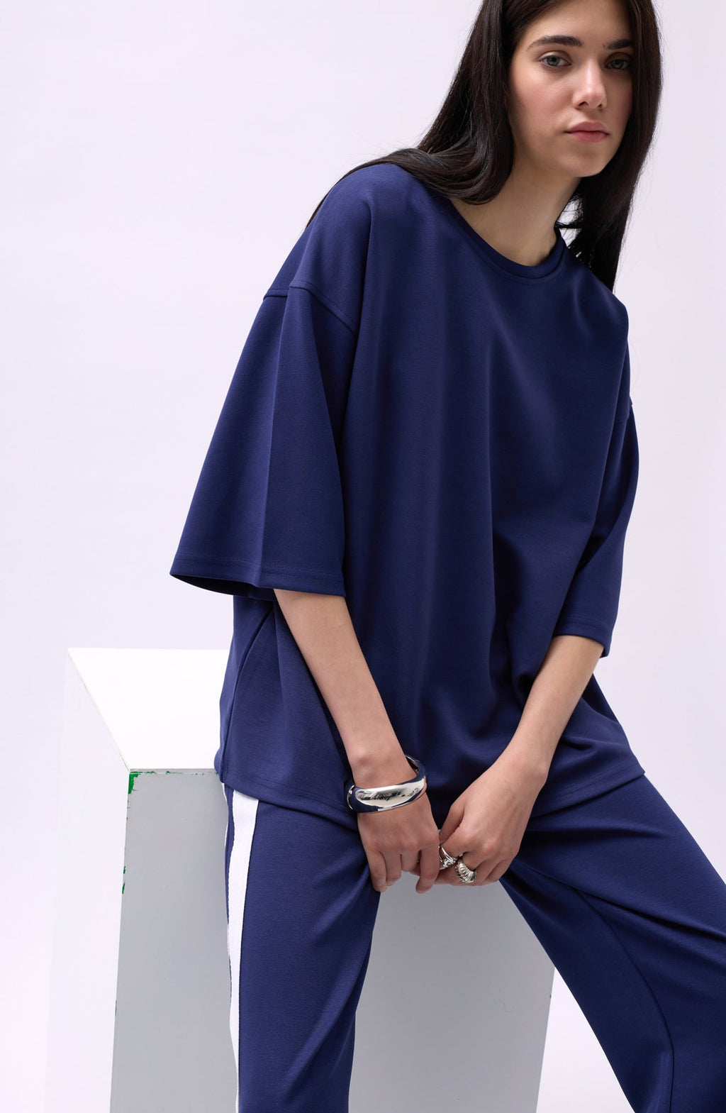Bisiklet Yaka Oversize Lacivert T-Shirt