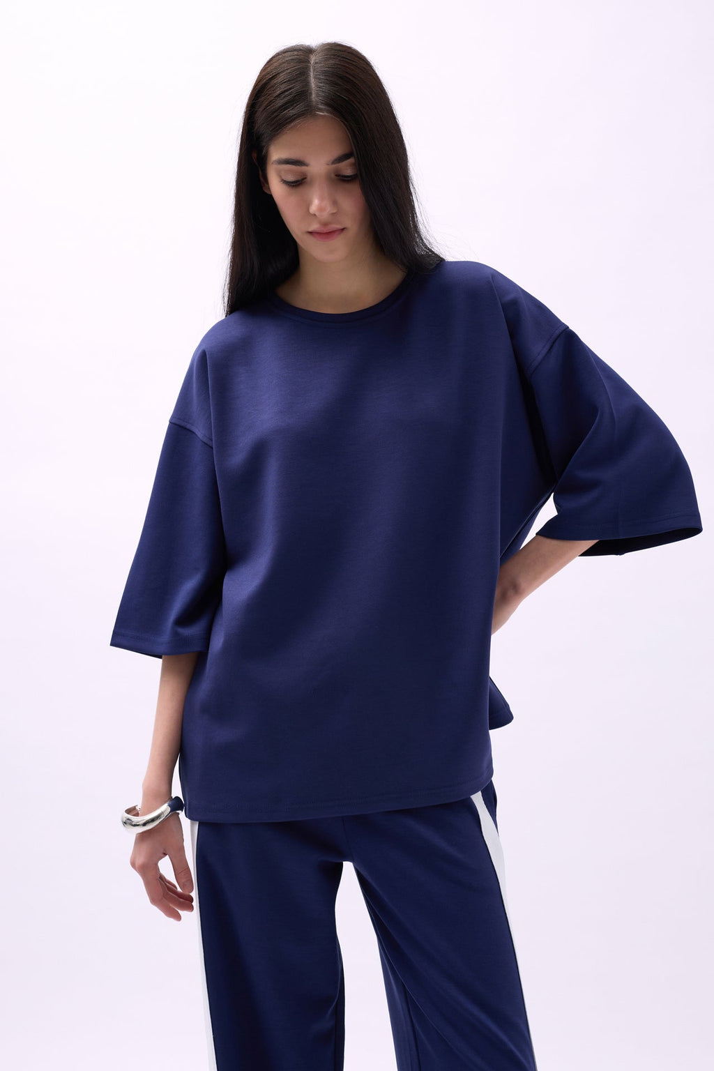Bisiklet Yaka Oversize Lacivert T-Shirt