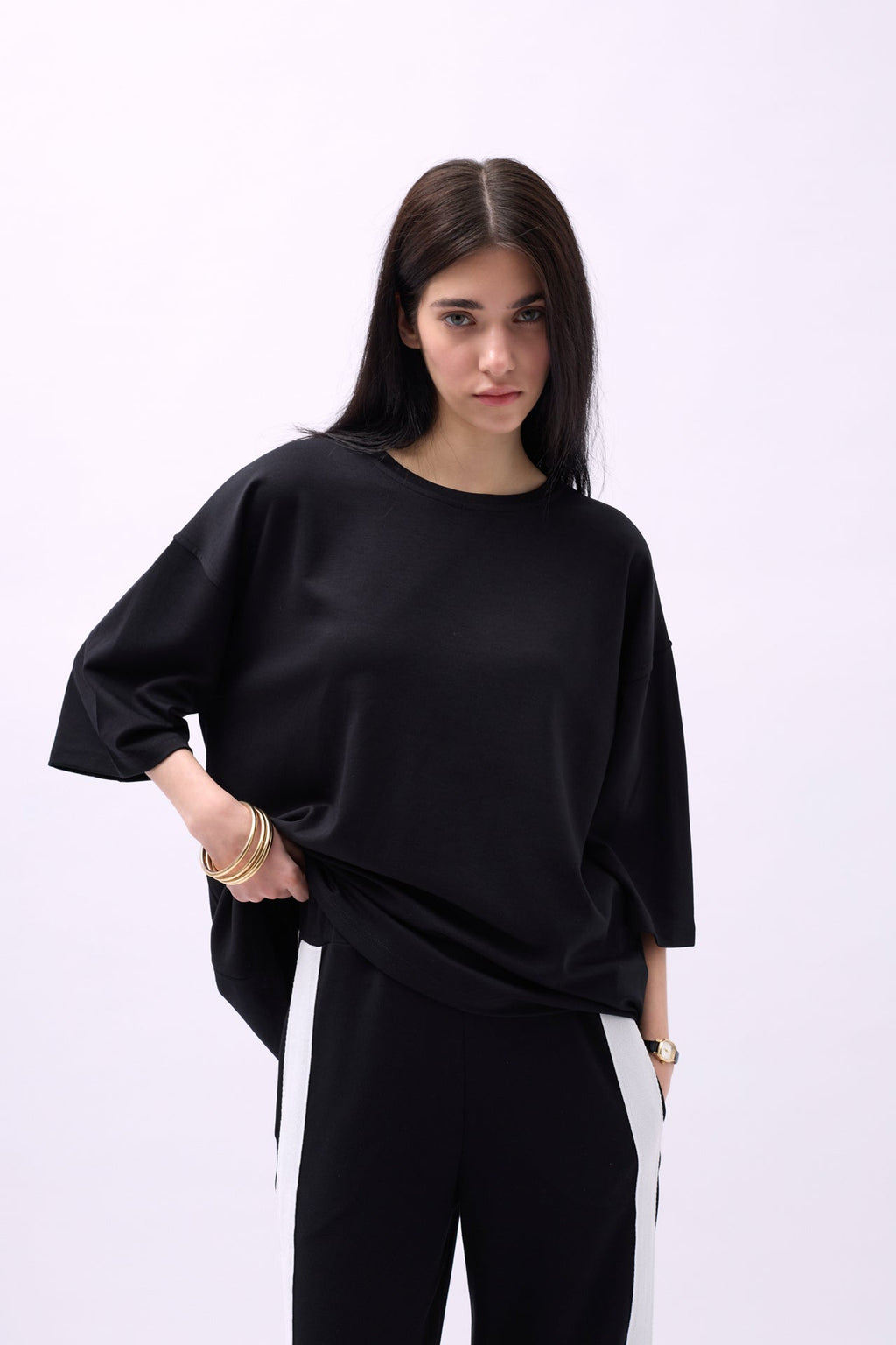 Bisiklet Yaka Oversize Siyah T-Shirt