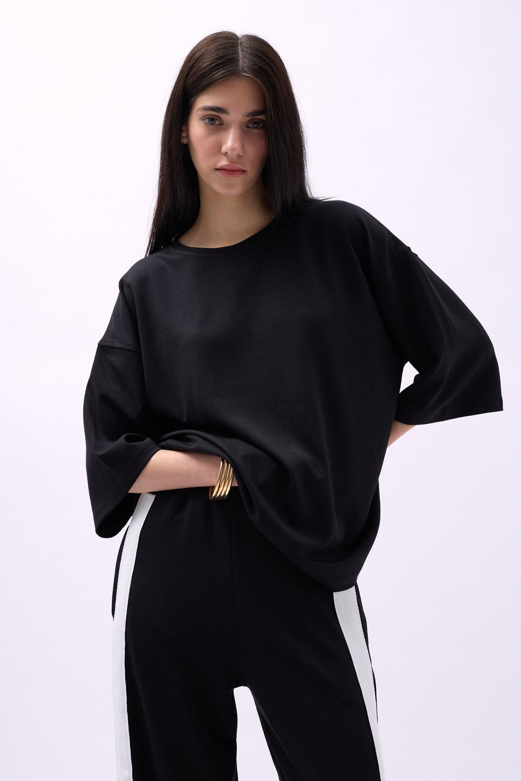 Bisiklet Yaka Oversize Siyah T-Shirt