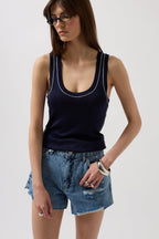Biye Detay Halter Yaka Lacivert Beyaz Bluz