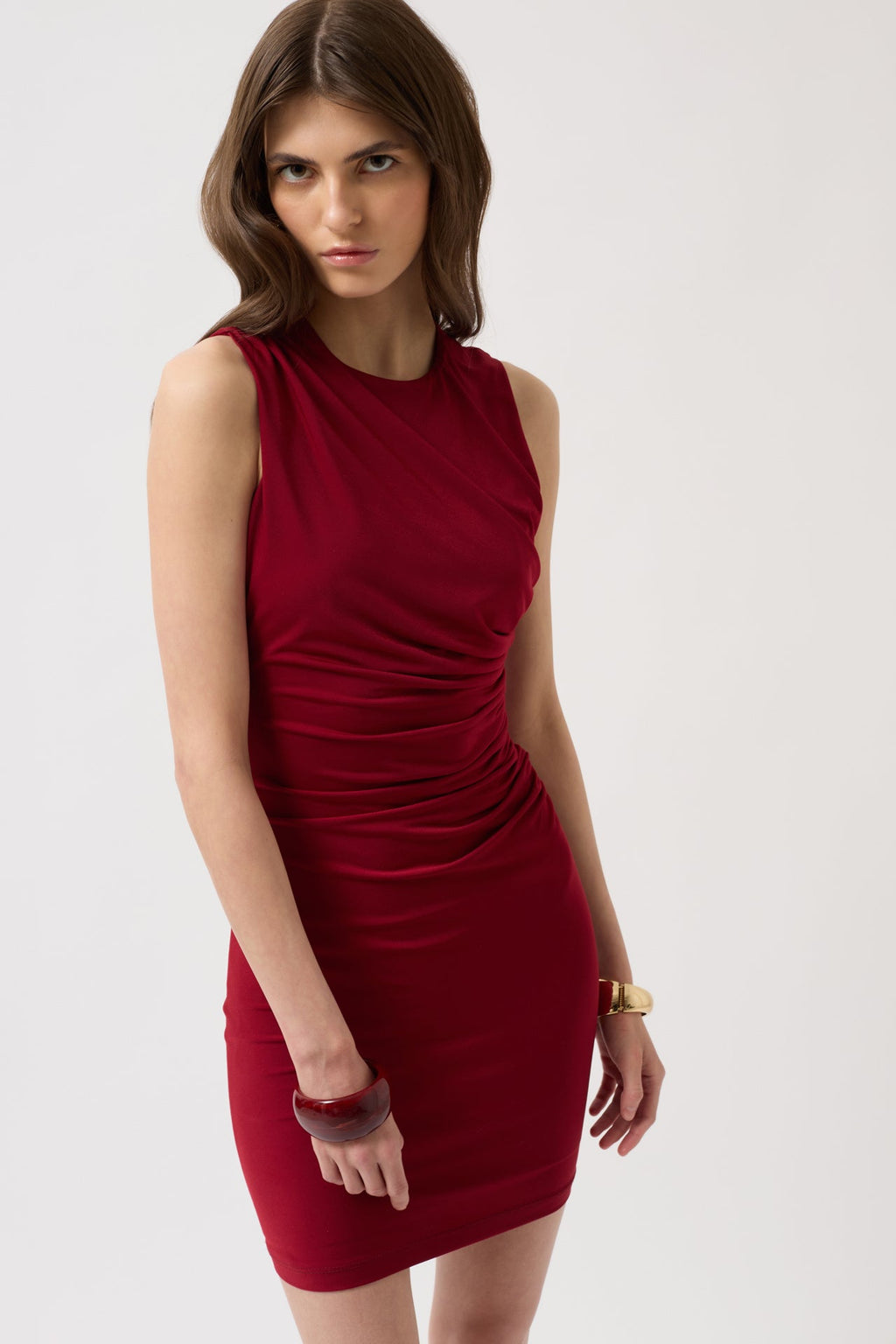Büzgülü Mini Bordo Elbise