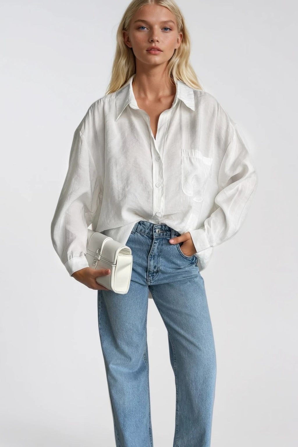 Cep Detay Basic Oversize Beyaz Gömlek
