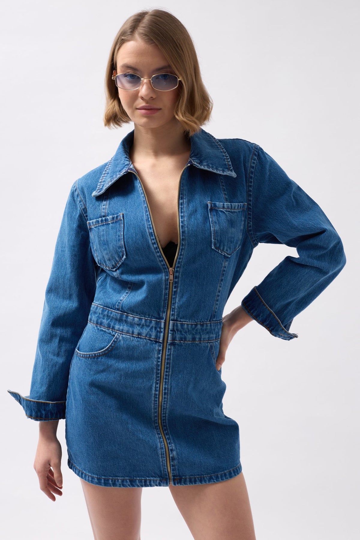 Cep Detaylı Fermuarlı Denim Mini Mavi Elbise