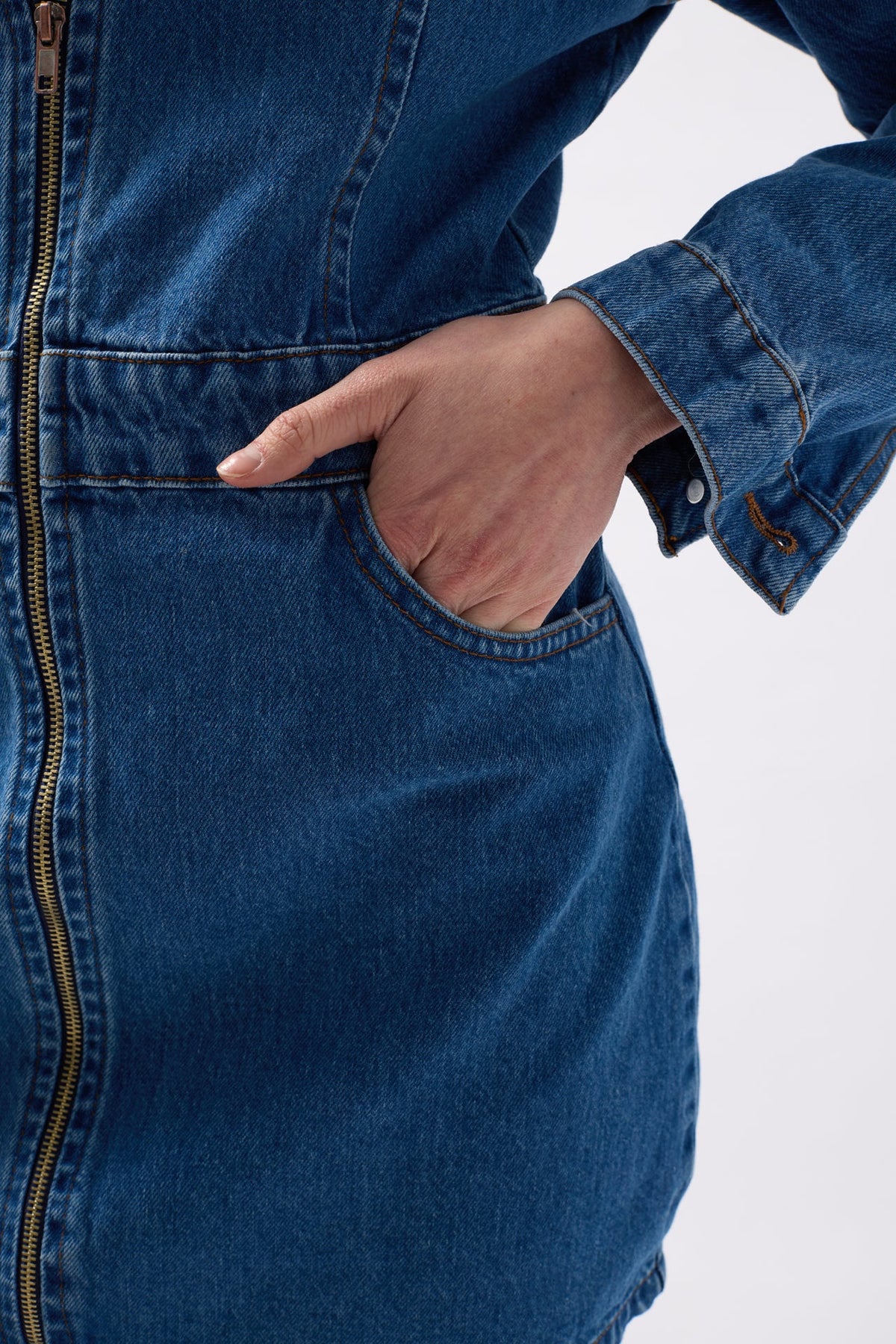 Cep Detaylı Fermuarlı Denim Mini Mavi Elbise