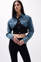 Çift Renkli Crop Mavi Siyah Kot Ceket