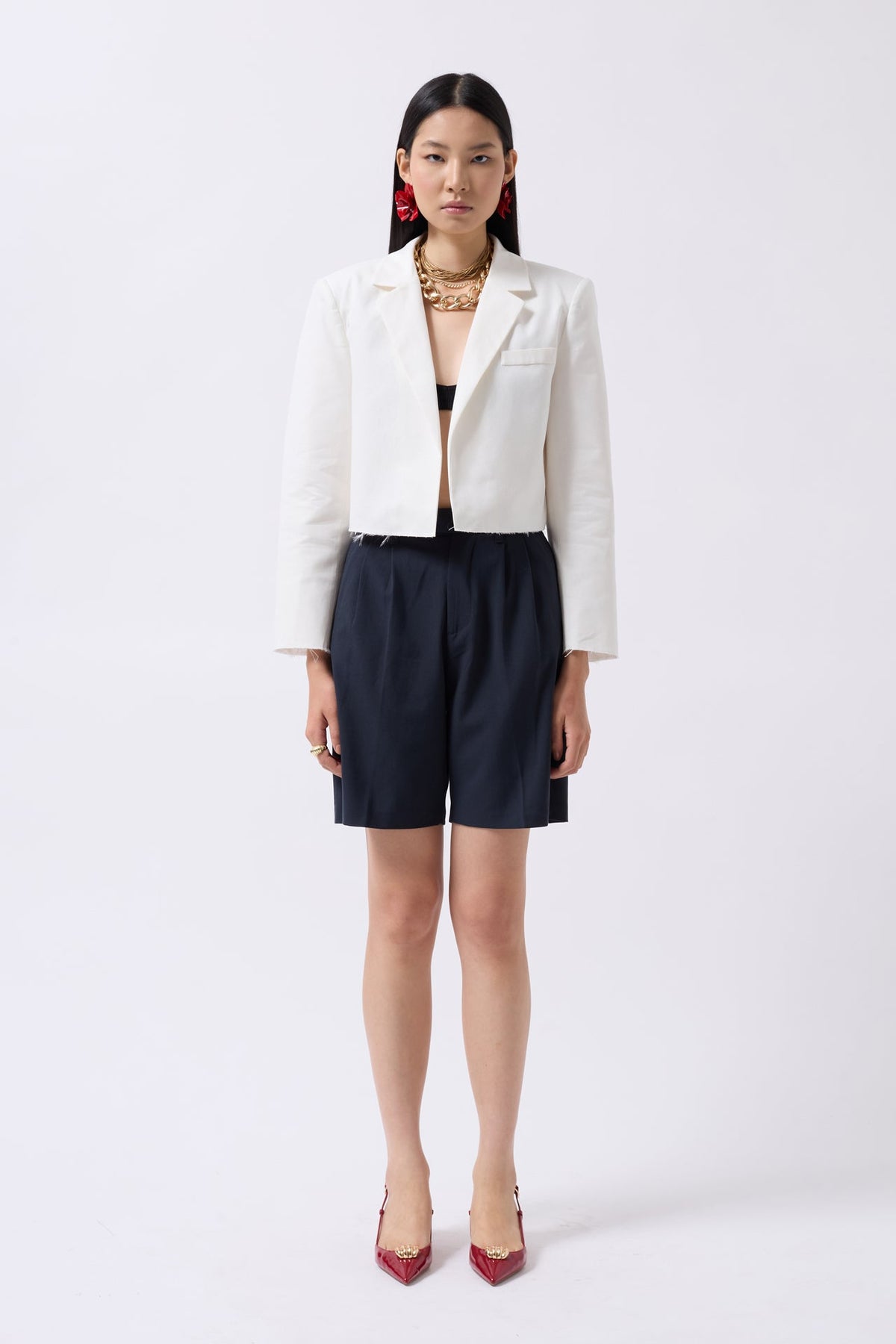 Crop Keten Blazer Beyaz Ceket