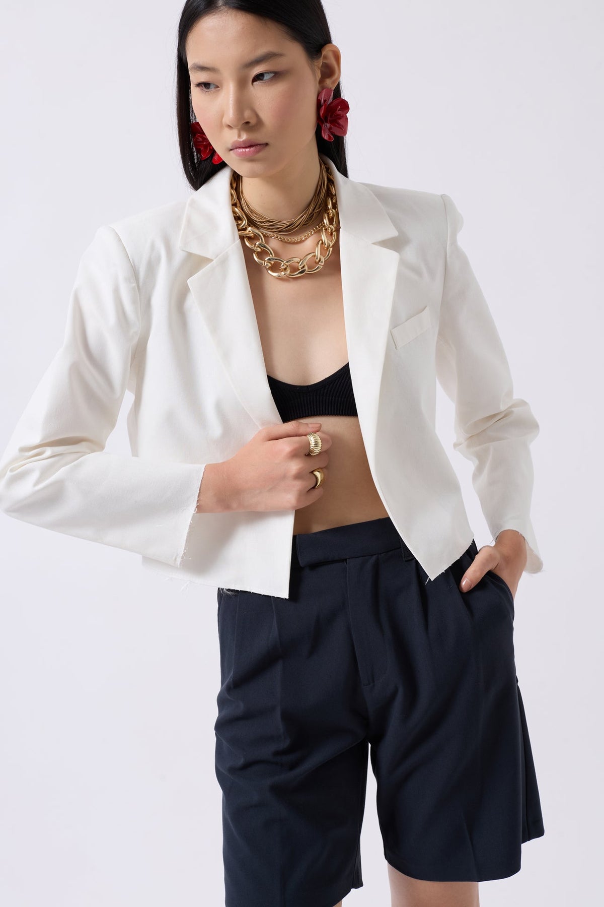 Crop Keten Blazer Beyaz Ceket