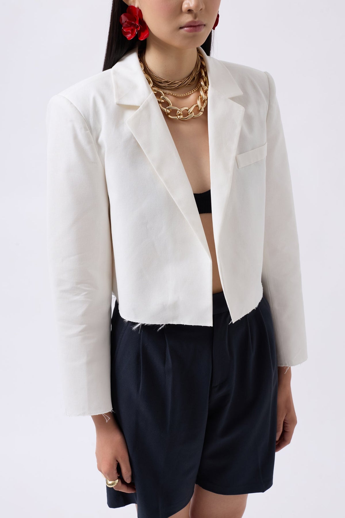 Crop Keten Blazer Beyaz Ceket