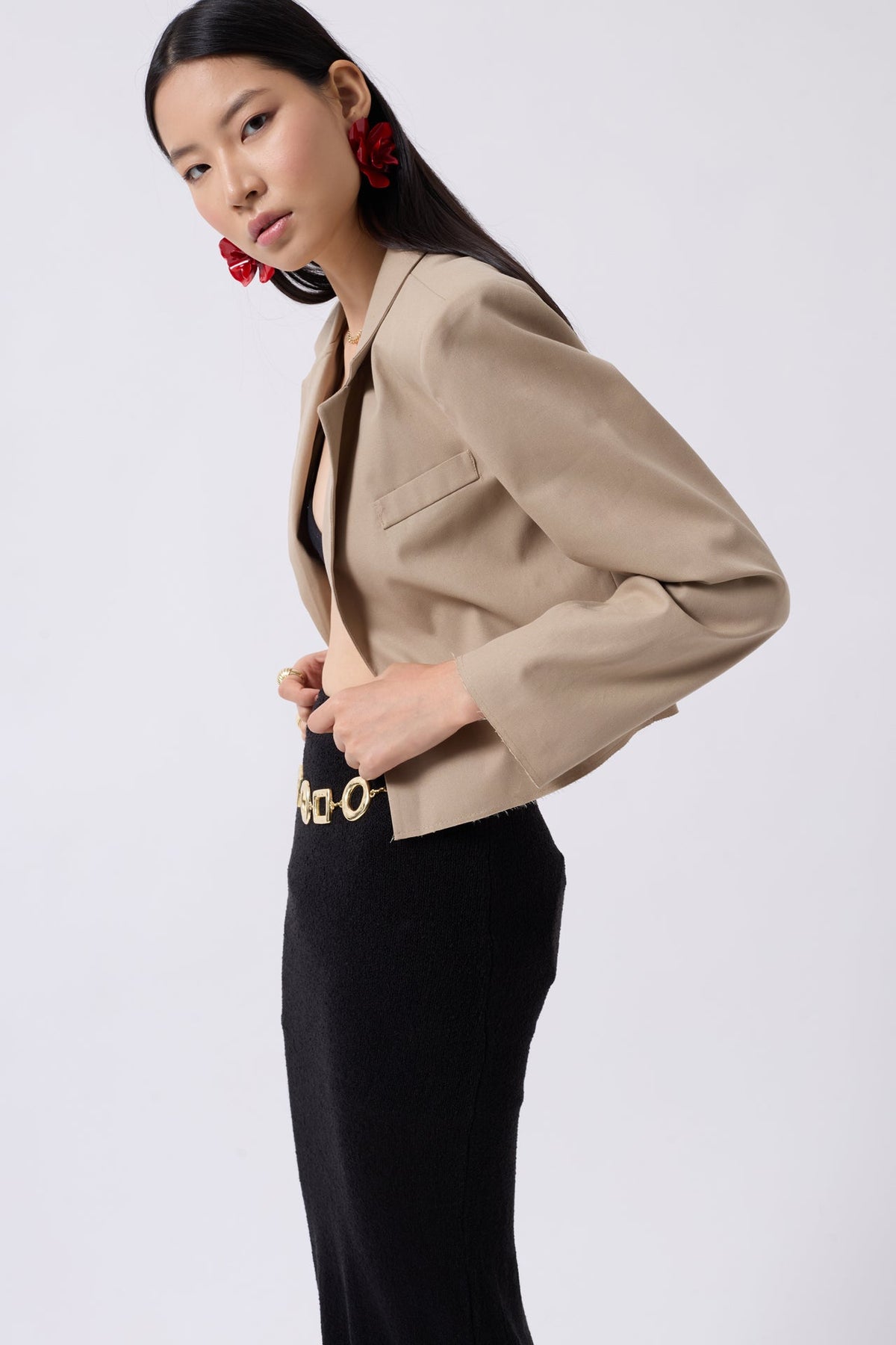 Crop Keten Blazer Bej Ceket