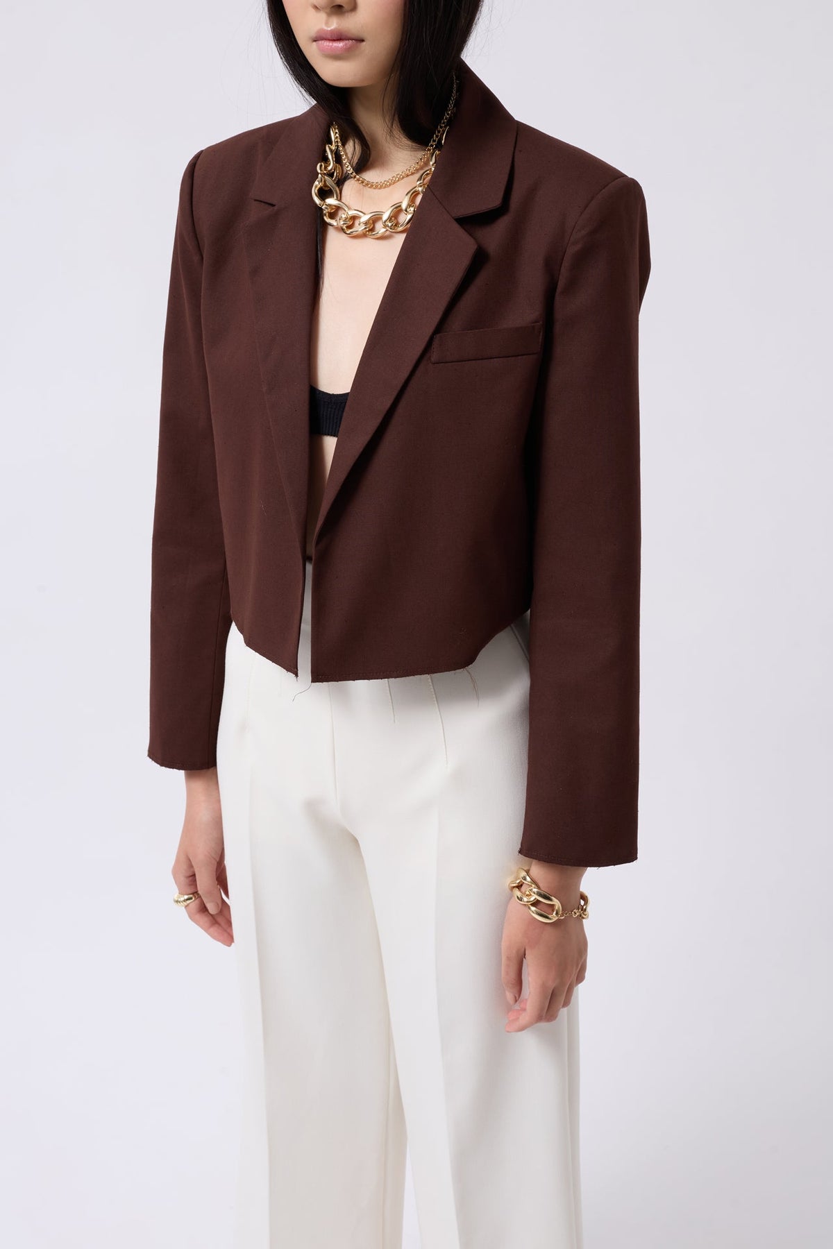 Crop Keten Blazer Kahverengi Ceket