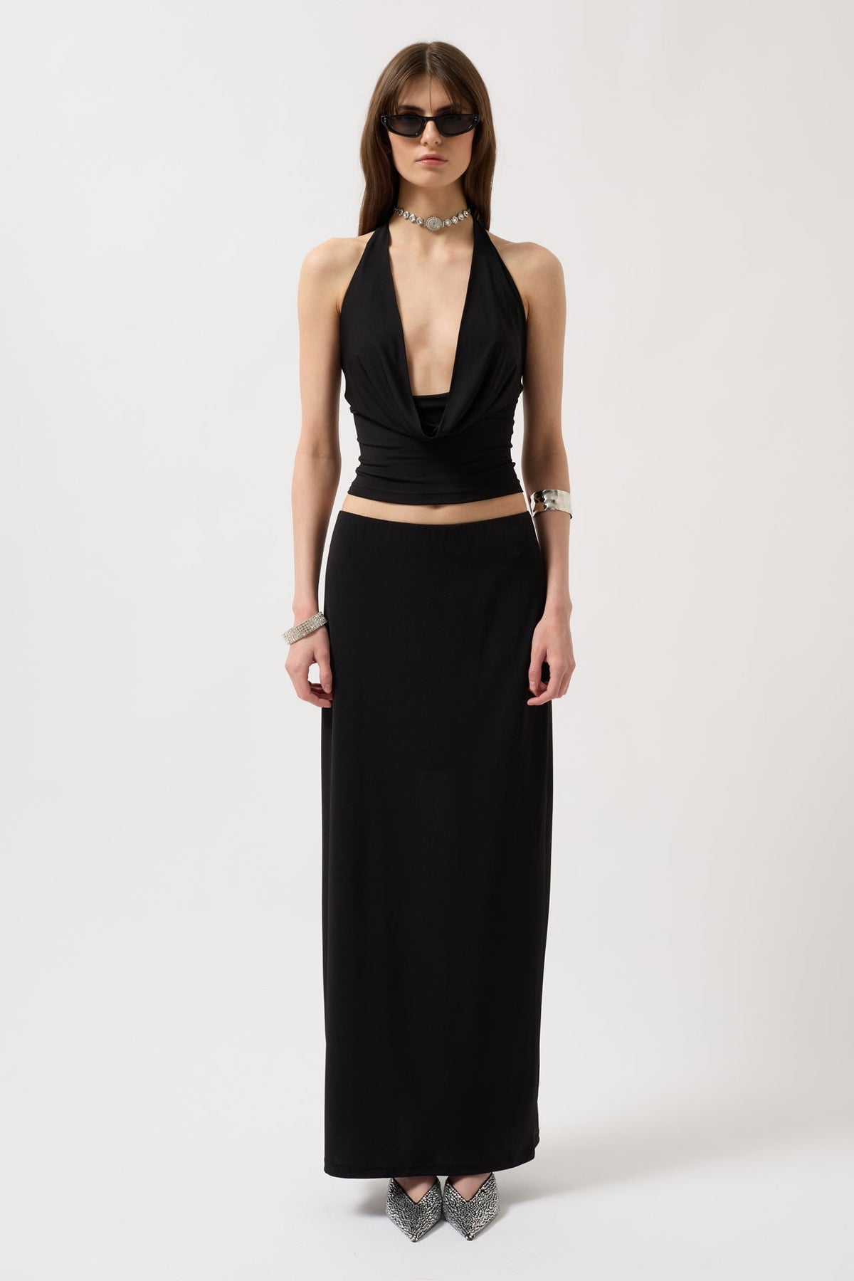 Degaje Yaka Crop Siyah Bluz