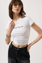 Delete My Ex Baskılı Likralı Crop Beyaz T-Shirt