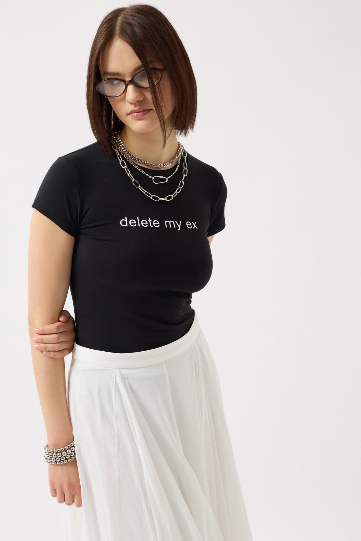 Delete My Ex Baskılı Likralı Crop Siyah T-Shirt