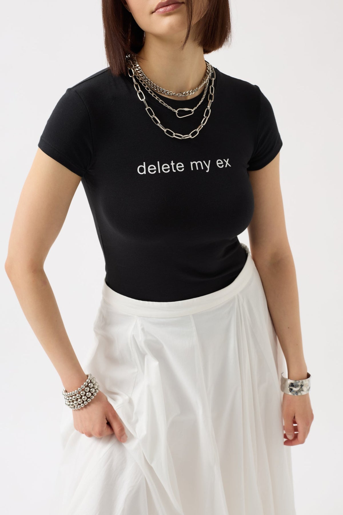 Delete My Ex Baskılı Likralı Crop Siyah T-Shirt