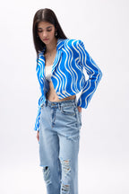 Desenli Mavi Crop Ceket