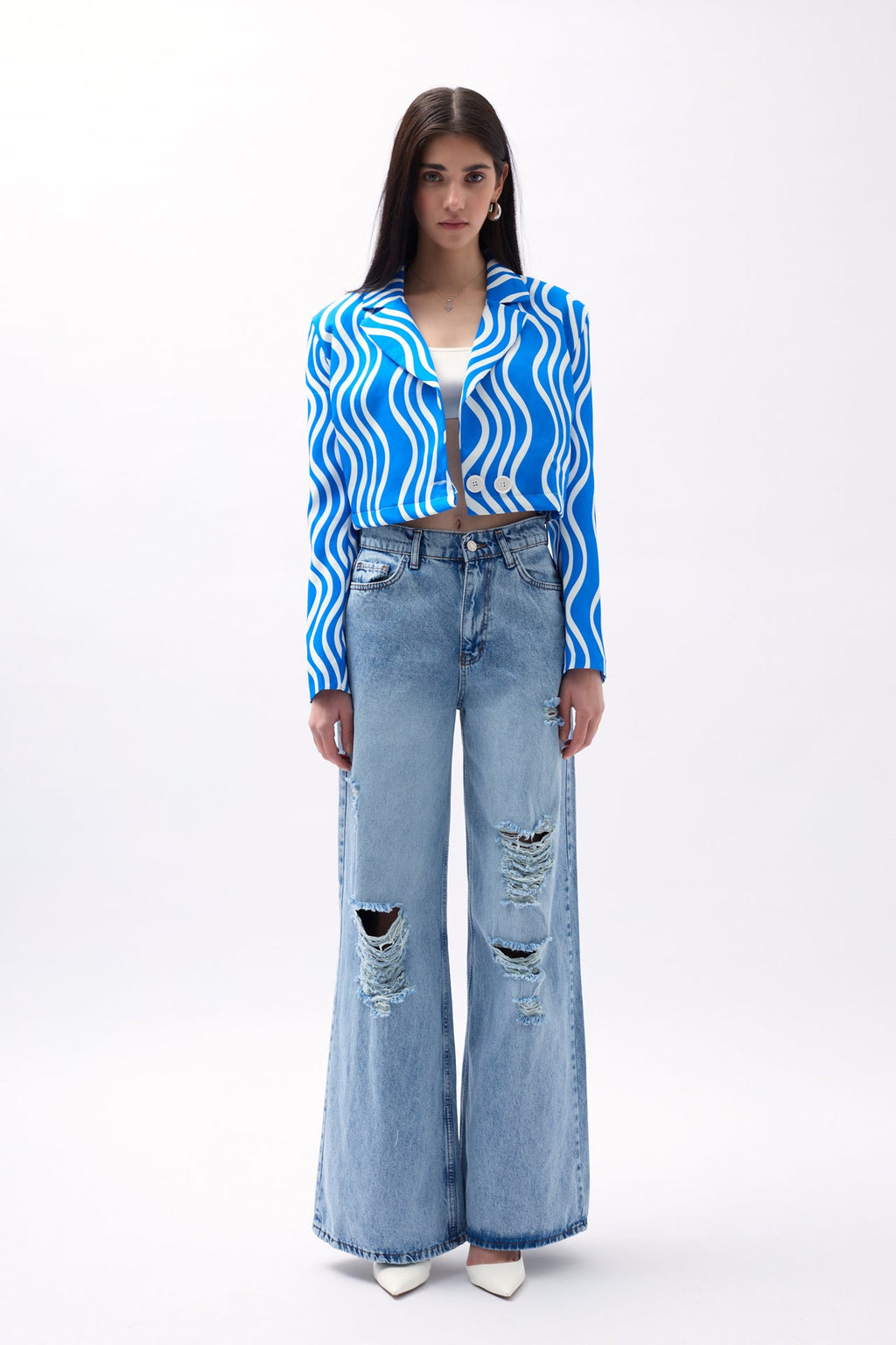 Desenli Mavi Crop Ceket